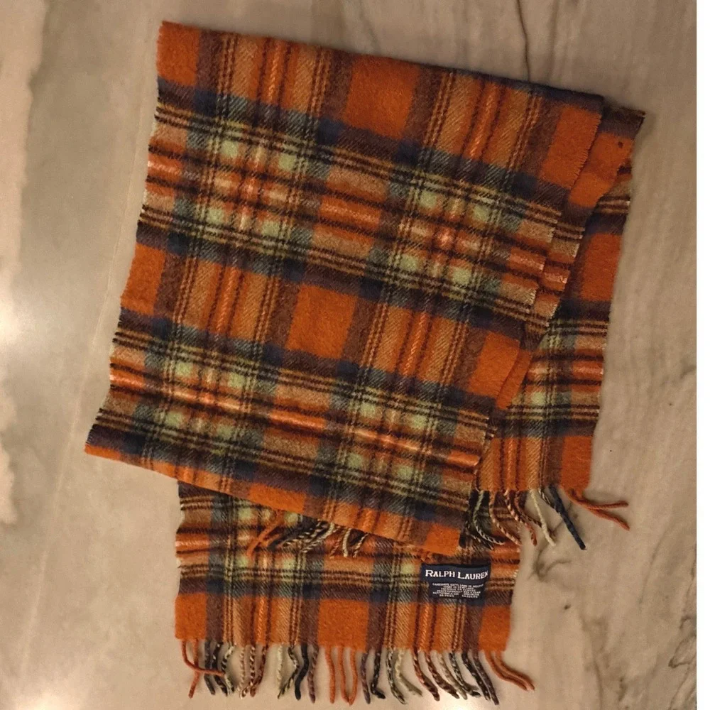 Vintage Ralph Lauren Scarf 80s Lambswool Orange Plaid Scotland Polo Pony FLAWED
